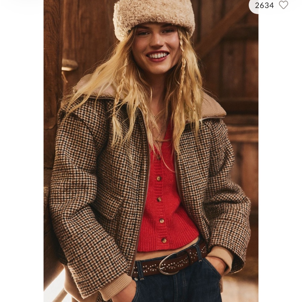 We the Free Spearmint Cozy Jacket Houndstooth Check & Sherpa Bomber